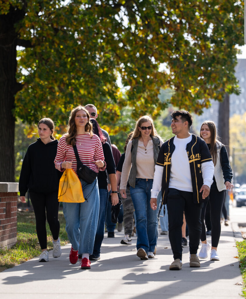 Students taking a tour around campus.