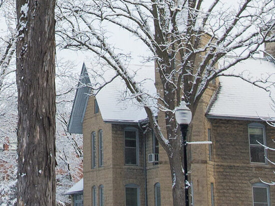 Campus building in snow