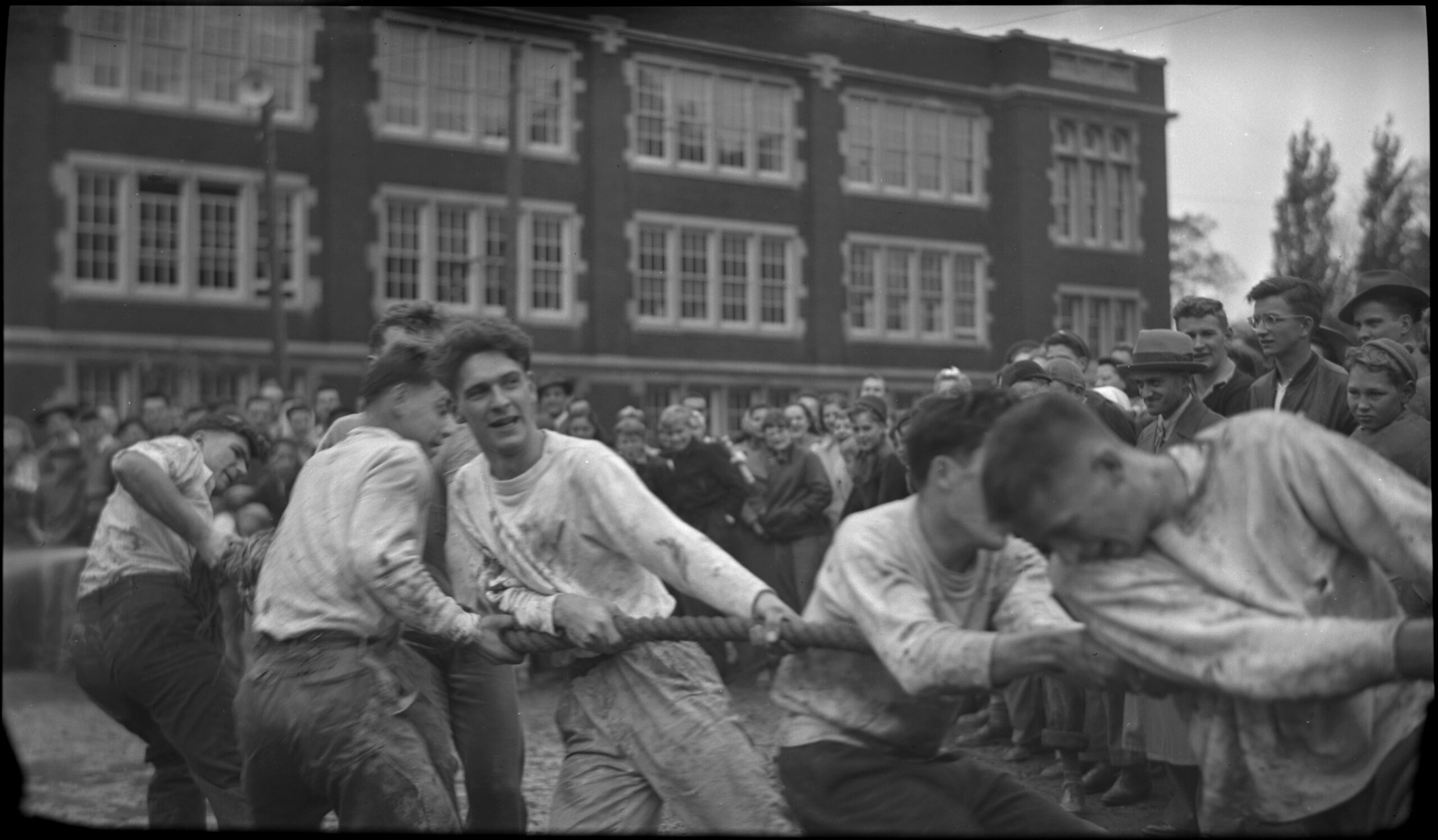The freshman and sophomore tug of war match in 1930.